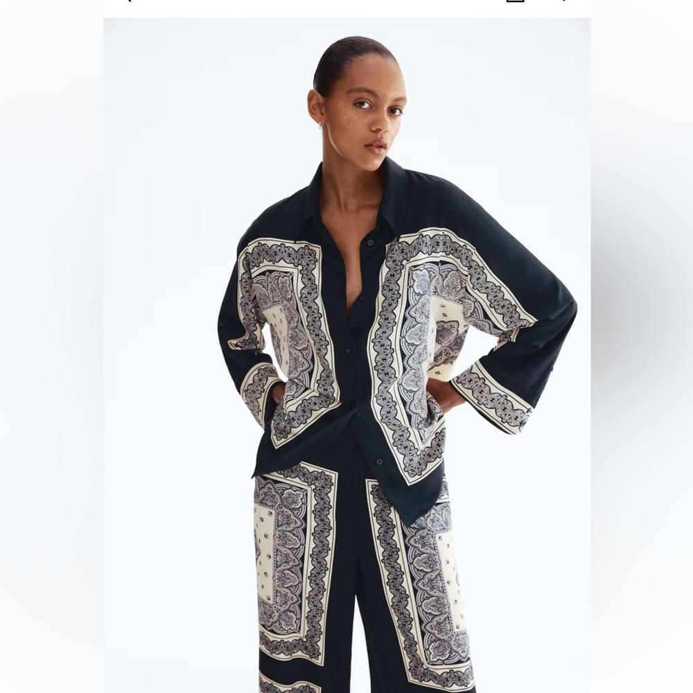 Printed Silk-Feel Button-Up Top & Pants set in Navy and Cream